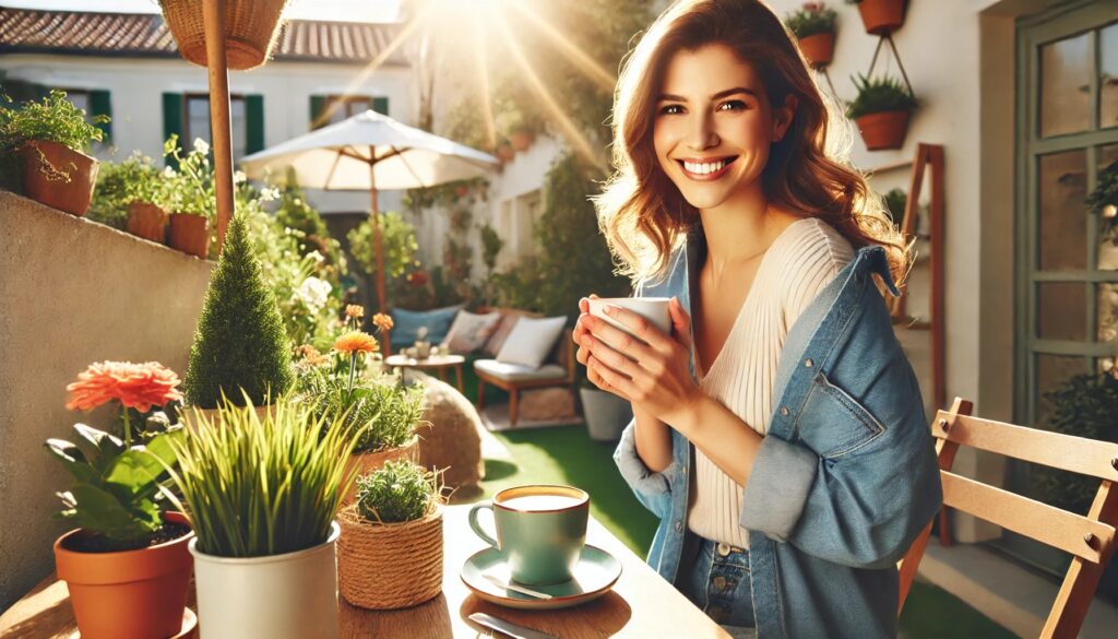 DALL·E 2025-03-10 12.53.01 - A bright, spring-inspired scene of a happy woman drinking coffee outdoors on a sunny terrace or garden. The atmosphere is light, fresh, and cheerful,